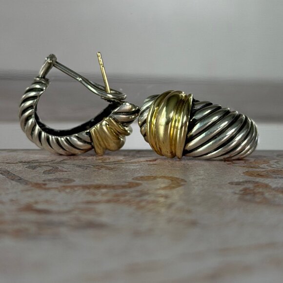 David Yurman Thoroughbred Shrimp Cable Omega Earrings 14K Gold Sterling Silver - Picture 8 of 10